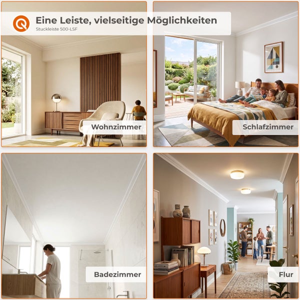 Vier Anwendungsbeispiele der Stuckleiste 500-LSF in Wohnzimmer, Schlafzimmer, Badezimmer und Flur als dekorative Deckenleiste.