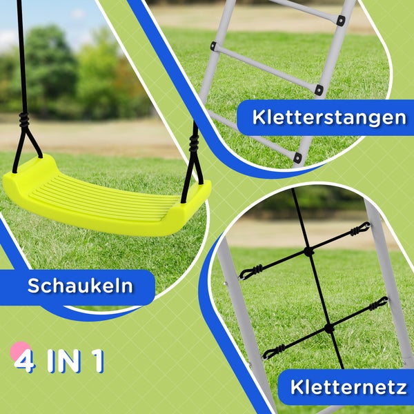 Outsunny Kinderschaukel-Set Schaukelgerüst aus Metall, Schaukelgestell mit Doppelschaukel, Kletternetz, Sprossenleiter, Gartenschaukel für Kinder 3-8 Jahre, Stahl, Grün
