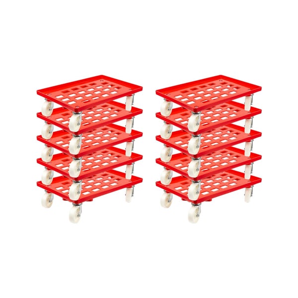 PROREGAL SparSet 10x Transportroller für Euroboxen 60 x 40 cm mit Kunststoffräder Rot Gitter/Rasterdeck 4 Lenkrollen Traglast 300 kg