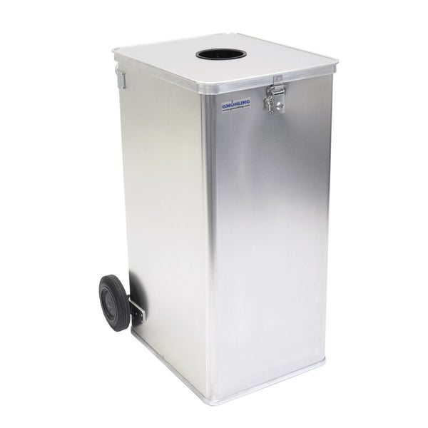 Müllbehälter aus Metall mit Rollen und Deckel
