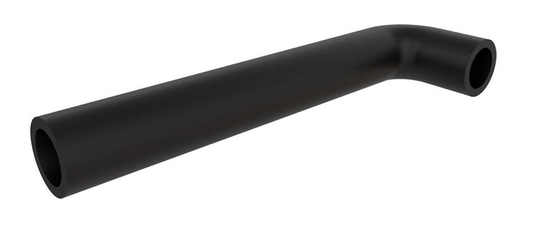 Schwarzes L-förmiges Anschlussrohr aus Kunststoff für Pumpen und Bewässerungssysteme.