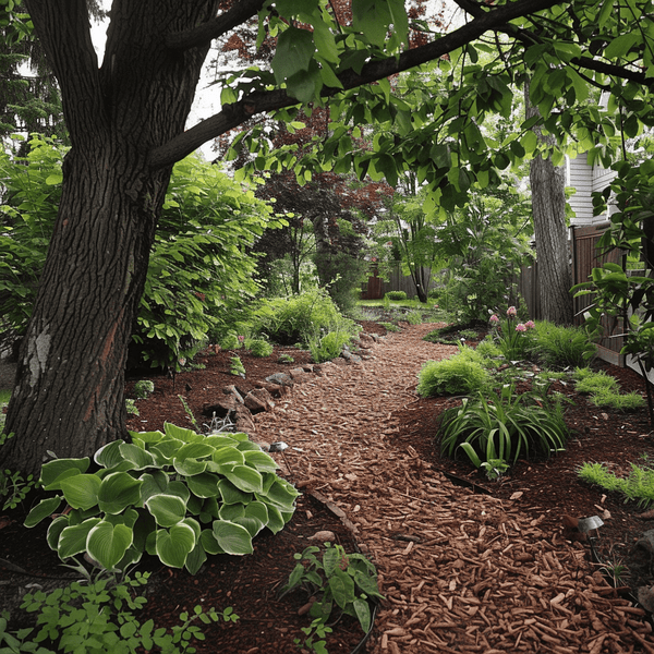 Gartenweg mit Rindenmulch und verschiedenen Pflanzen
