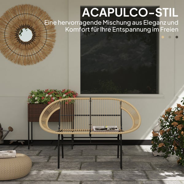 Outsunny 2-Sitzer Gartenbank Polyrattan, wetterfest Sitzbank im Rattanflecht-Design, UV-Beständig Gartenmöbel mit Rückenlehnen, Parkbank 260kg belastbar, für Balkon Terrasse, Garten 126x72x83cm, Khaki