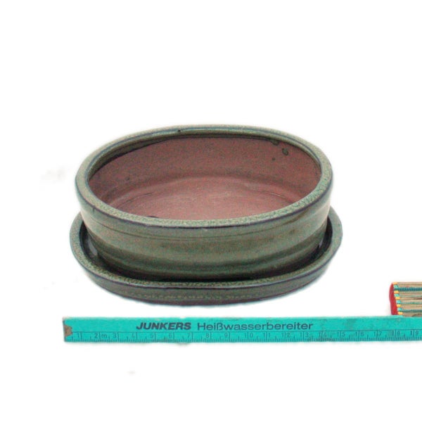 Bonsai-Schale mit Unterteller Gr. 2 - Oliv-Braun - oval - Modell O7 - L 15,5cm - B 12cm - H 4,5cm
