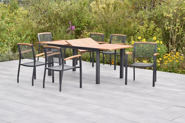 Tilos Gartenmöbelset 7tlg., Stapelsessel, Ausziehtisch 150 (200) x 90 cm