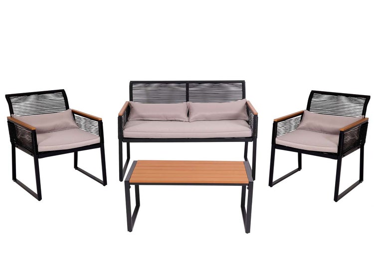 Garten-Lounge-Set bestehend aus einem Sofa, zwei Sesseln und einem Tisch. Metallgestell mit Seilbespannung, Holzarmlehnen und Kissen.