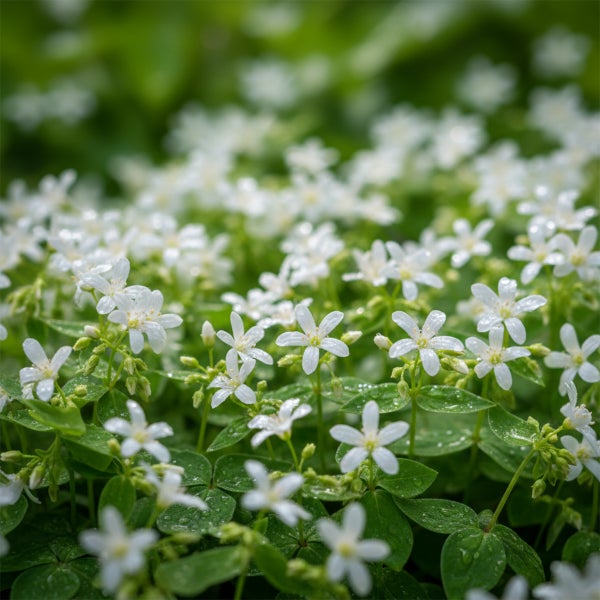 Bodendecker mit kleinen weißen sternförmigen Blüten und grünen Blättern.