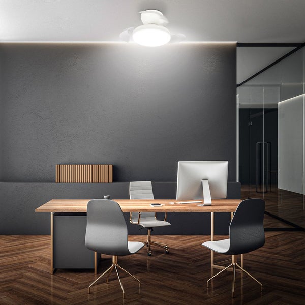 Moderner Büroraum mit Deckenventilator mit Beleuchtung, Schreibtisch aus Holz, Bürostühlen und Fischgrätparkett vor strukturierter Wand.