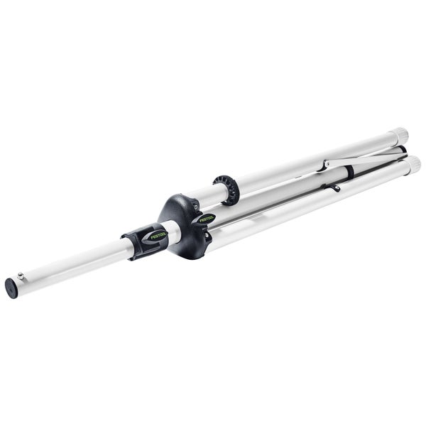 Zusammengeklapptes Festool Stativ aus silbernem Aluminium für Arbeitsleuchten mit schwarzen Feststellklemmen.