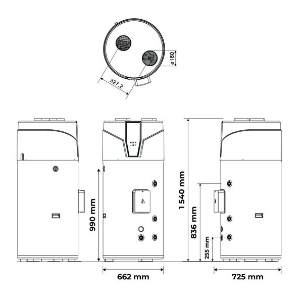 Technische Zeichnung einer Warmwasser-Wärmepumpe mit Maßen in Millimeter, Höhe 1540 Millimeter, Breite 662 Millimeter.