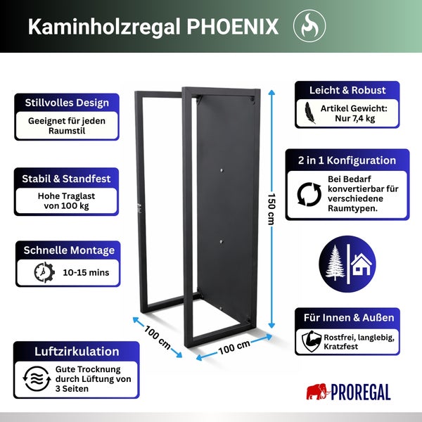 Kaminholzregal PHOENIX, 150 mal 100 mal 100 Zentimeter, Traglast 100 Kilogramm, rostfrei, für innen und außen, PROREGAL Logo.