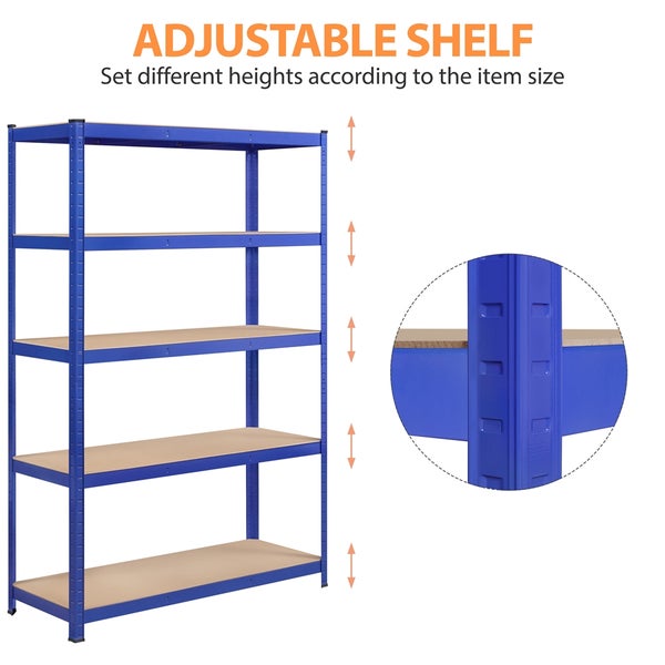 Blaues Metallregal mit fünf höhenverstellbaren Holzböden für flexible Lagerung.