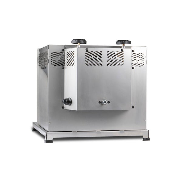 Kompakter Oberhitze-Grill aus Edelstahl mit Beefer Logo, Grillrost und mehreren Einschüben.