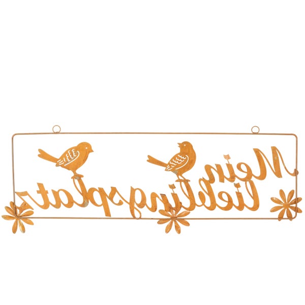 Dekoratives Gartenschild aus Metall in Rostoptik mit zwei Vögeln, Blumen und dem Schriftzug Mein Lieblingsplatz.