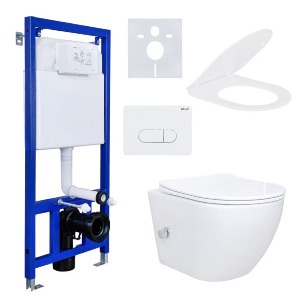 Wandtoiletten-Set bestehend aus blauem Vorwandelement mit Spülkasten, weißer Keramiktoilette, Toilettensitz, Betätigungsplatte und Schallschutzset.