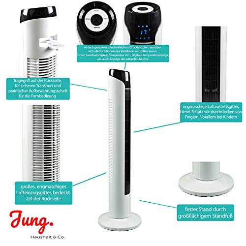JUNG TVE23 Turmventilator 90cm mit Fernbedienung, Ventilator, Säulenventilator, Luft-kühler 45W