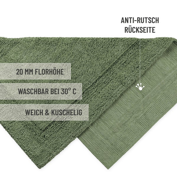 Badematte mit 20 Millimeter Florhöhe, rutschhemmender Rückseite, waschbar bei 30 Grad, weiche und kuschelige Oberfläche.