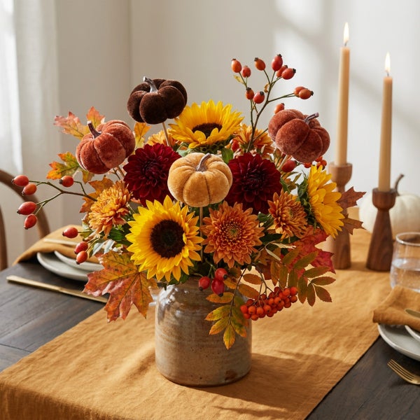 Herbstliches Blumenbouquet mit Sonnenblumen, Dahlien, Chrysanthemen, künstlichen Samtkürbissen und Beeren in einer Steingutvase als Tischdeko.