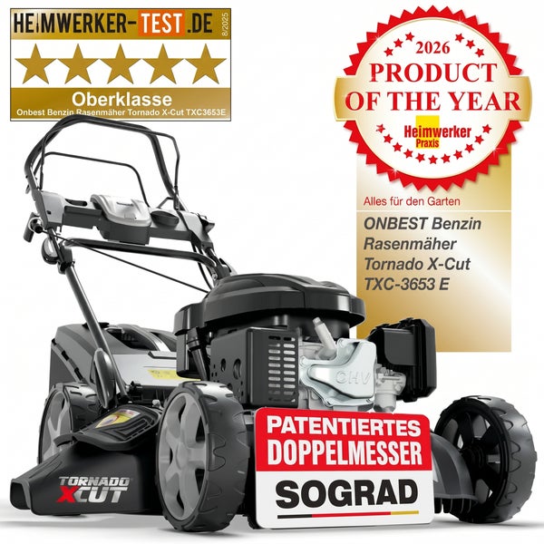 ONBEST Benzin Rasenmäher Tornado X-Cut TXC3653E mit Auszeichnung Heimwerker Test Oberklasse fünf Sterne und Produkt des Jahres 2026