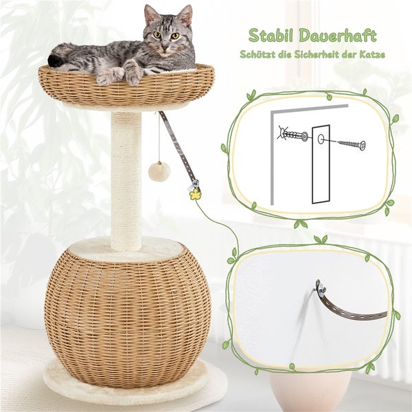 Katze auf einem mehrstufigen Kratzbaum aus Rattan mit Montageanleitung