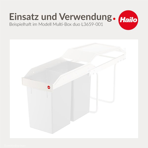 Anwendungsbeispiel für das Hailo Multi-Box duo Mülltrennsystem zum Einbauen mit zwei herausziehbaren Abfalleimern.