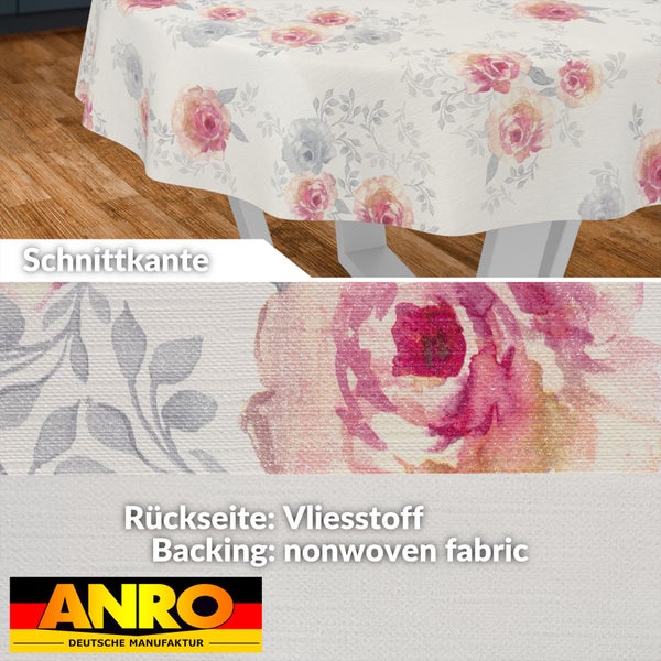 Wachstischdecke mit Rosenmuster, Schnittkante, Rückseite aus Vliesstoff und ANRO Logo.