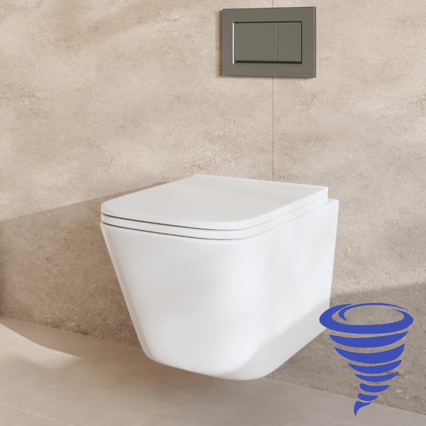 Wandhänge WC mit Spülrandloser Keramik und Betätigungsplatte an einer Fliesenwand montiert