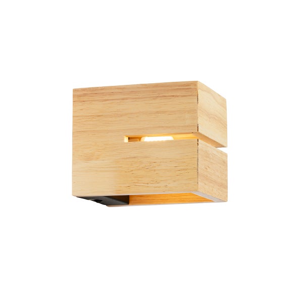 Moderne quadratische Wandleuchte aus Holz mit integrierter LED Beleuchtung für eine wohnliche Atmosphäre.