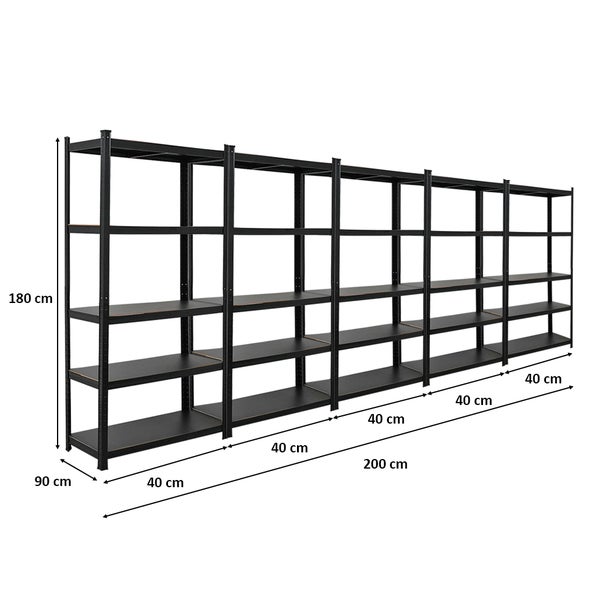 Berlinlodge Mega Deal 5x Wohnregal Ragnar, HxBxT 180x90x40cm, Fachlast 100kg, Matt Shwarz, Bücherregal, Standregal, Büroregal für Wohnzimmer