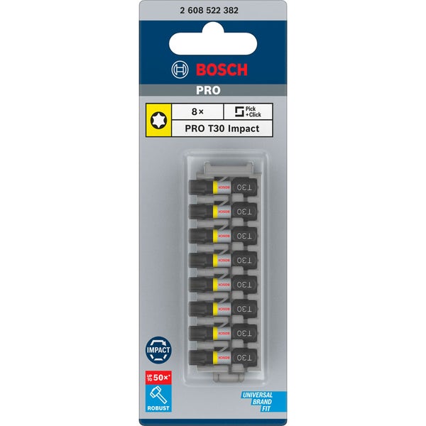 Bosch Logo. Packung mit acht T30-Schrauberbits für den professionellen Einsatz