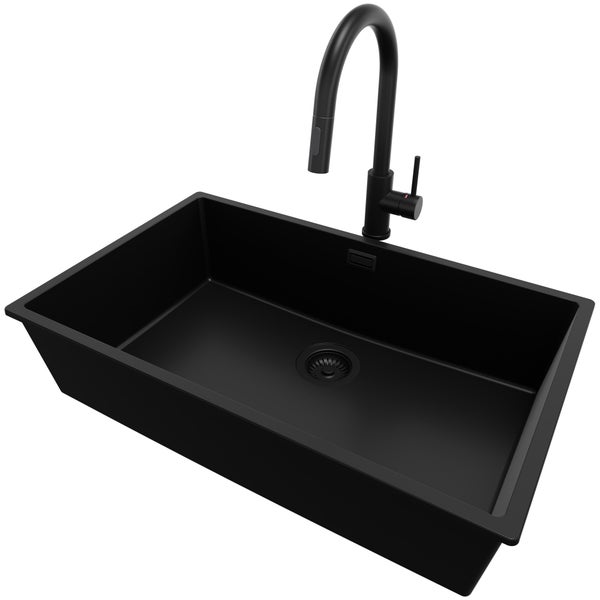 PRIMAGRAN Granitspüle Alles Schwarz 76x47cm, Spülbecken 1 Becken + Küchenarmatur 40x20cm + Ablauf-Set, Küchenspüle ab 80er Unterschrank - London Slim