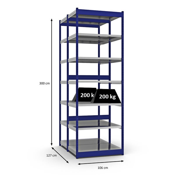 PROREGAL Fachbodenregal Stecksystem Vierkant-Profil Grundregal HxBxT 300 x 102,5 x 60 cm 2x7 Ebenen Doppelseitige Bauart Fachlast 200 kg Enzianblau