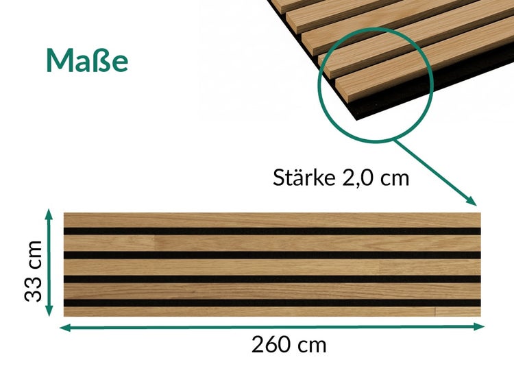 Maßskizze eines Holzpaneels mit Akustikfilz, Maße 260 Zentimeter mal 33 Zentimeter, Stärke 2,0 Zentimeter.