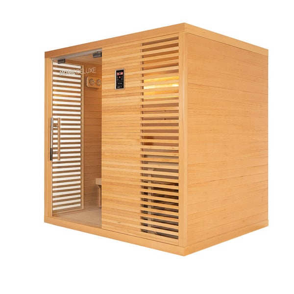 Moderne Infrarotkabine aus Holz mit verglaster Tür und integriertem Steuerungselement der Marke Home Deluxe