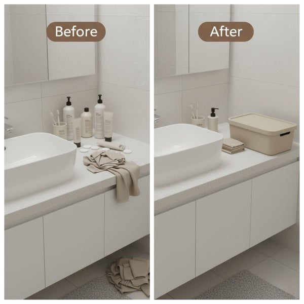 Vorher-Nachher-Ansicht eines Badezimmers mit Waschbecken, Badutensilien und Aufbewahrungsbox