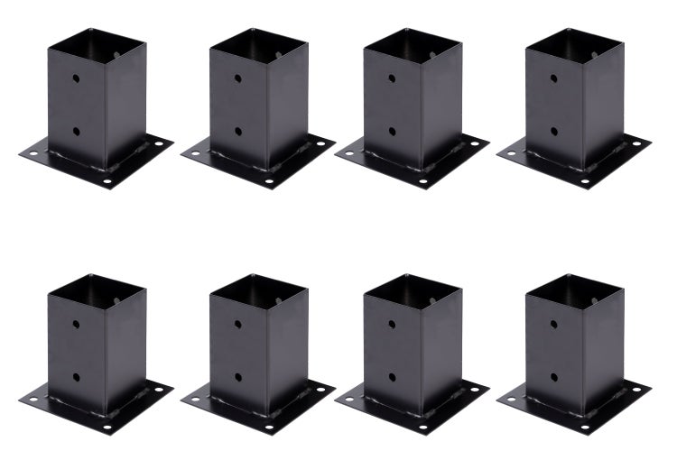Set aus acht quadratischen Pfostenträgern zum Aufschrauben aus Stahl für Holzpfosten