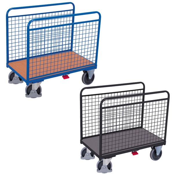 Zwei Plattformwagen mit Drahtgitter-Seitenwänden, einer in Blau mit Holzplattform und einer in Schwarz mit grauer Plattform.