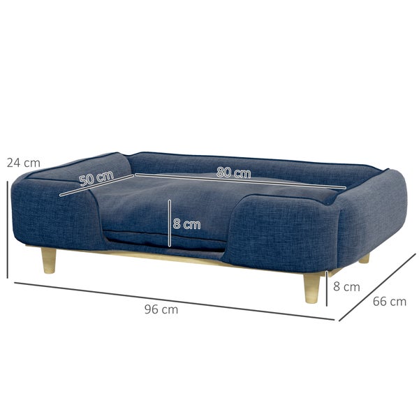 PawHut Hundesofa, Haustiersofa mit Kissen, Hundebett mit Erhöhtem Design, Katzensofa, Hundecouch, Hundesessel mit Holzbeine, Polyester, Dunkelblau, 96 x 66 x 24 cm