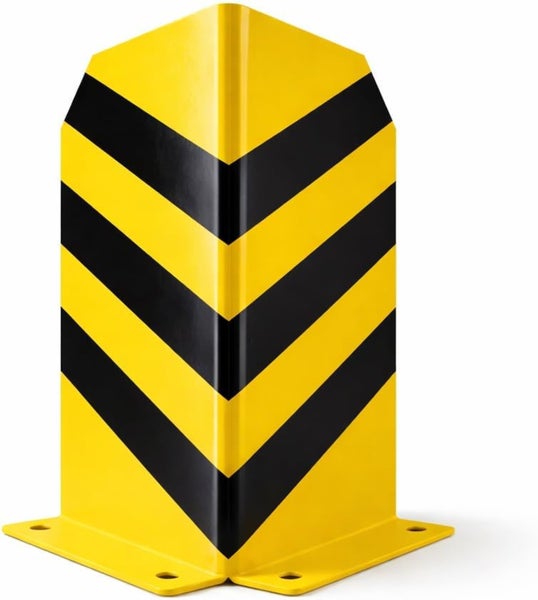 Rammschutz-Eckschutz aus Stahl mit gelb-schwarzer Warnmarkierung und Bodenplatte.