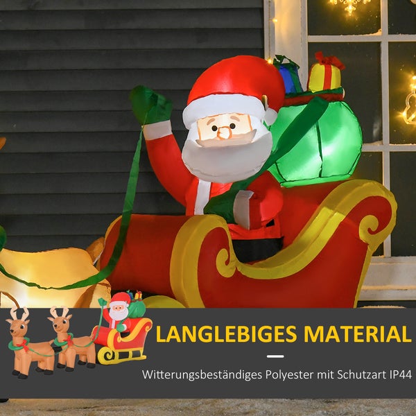 HOMCOM Aufblasbarer Weihnachtsmann mit Rentieren, 6 LEDs, 240 cm Wetterfest Weihnachtsdeko Selbstaufblasend Weihnachtsdekoration für Innen- und Außenbereich