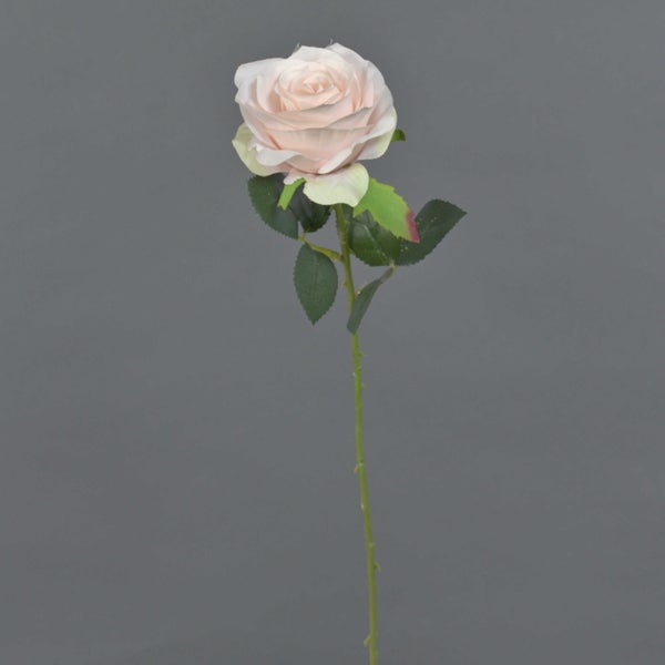 Künstliche Rose in Rosa mit Blättern und Stiel aus Textilmaterial.