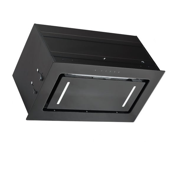 Schwarze Einbau-Dunstabzugshaube mit zwei Lichtstreifen und Bedienfeld für die Küche.