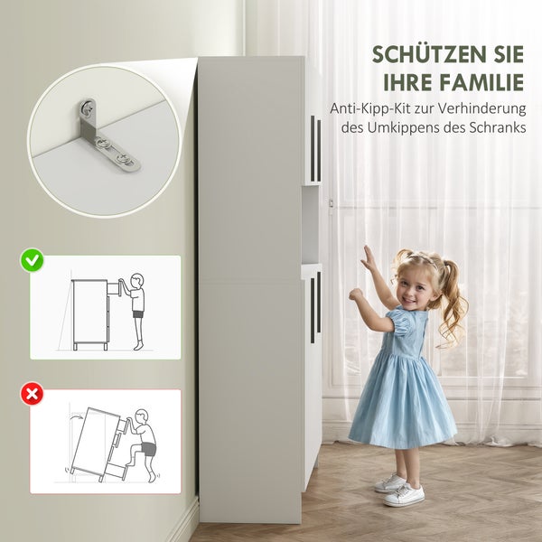 Hell gestalteter Raum mit weissem Schrank, der mit einem Anti-Kipp-Kit aus Metall an der Wand gesichert ist, inklusive Kindersicherheits-Grafik.