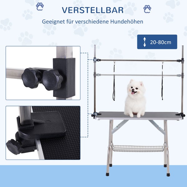 PawHut Trimmtisch Tierpflegetisch Schertisch Pflegetisch mit Unterkorb für Hunde höhenverstellbar klappbar Edelstahl Metall Schwarz 107 x 60 x 170 cm