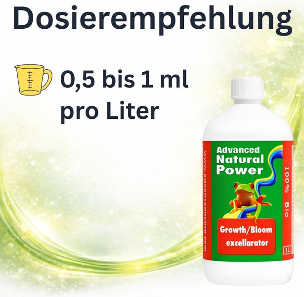 Dosierempfehlung für Advanced Natural Power Growth Bloom excellarator: null komma fünf bis eins Milliliter pro Liter.