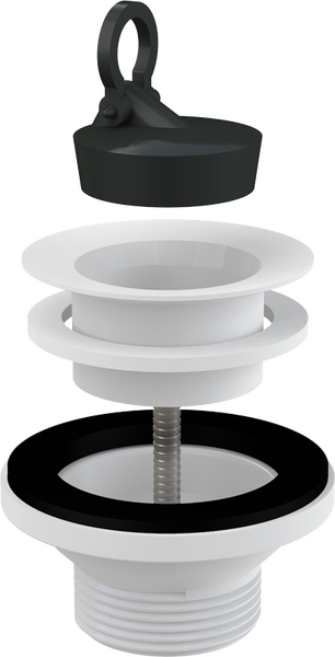 Ablaufgarnitur für Waschbecken inklusive schwarzem Gummistöpsel mit Ring, weißem Ventilkörper und Dichtungen.
