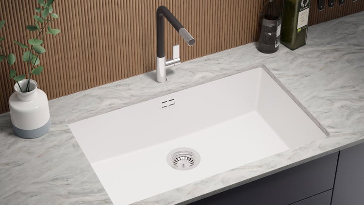 PRIMAGRAN Unterbauspüle Granit Alles Weiß 76x47cm, Spülbecken 1 Becken + Ablauf-Set, Granitspüle ab 80er Unterschrank - London