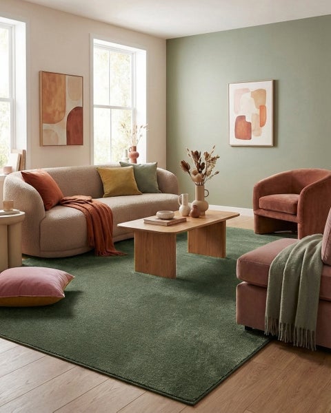 Helles Wohnzimmer mit grünem Teppich, geschwungenem Sofa, Holzcouchtisch und zwei Sesseln in modernem Design.