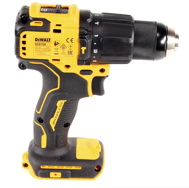 Gelb-schwarzer DeWALT Akku-Schlagbohrschrauber DCD709, 18 Volt, bürstenloser Motor, Schnellspannbohrfutter aus Metall.