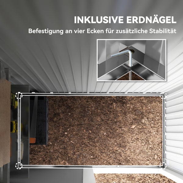 Metall-Gerätehaus mit Bodenbefestigung durch Erdnägel an vier Ecken für zusätzliche Stabilität.